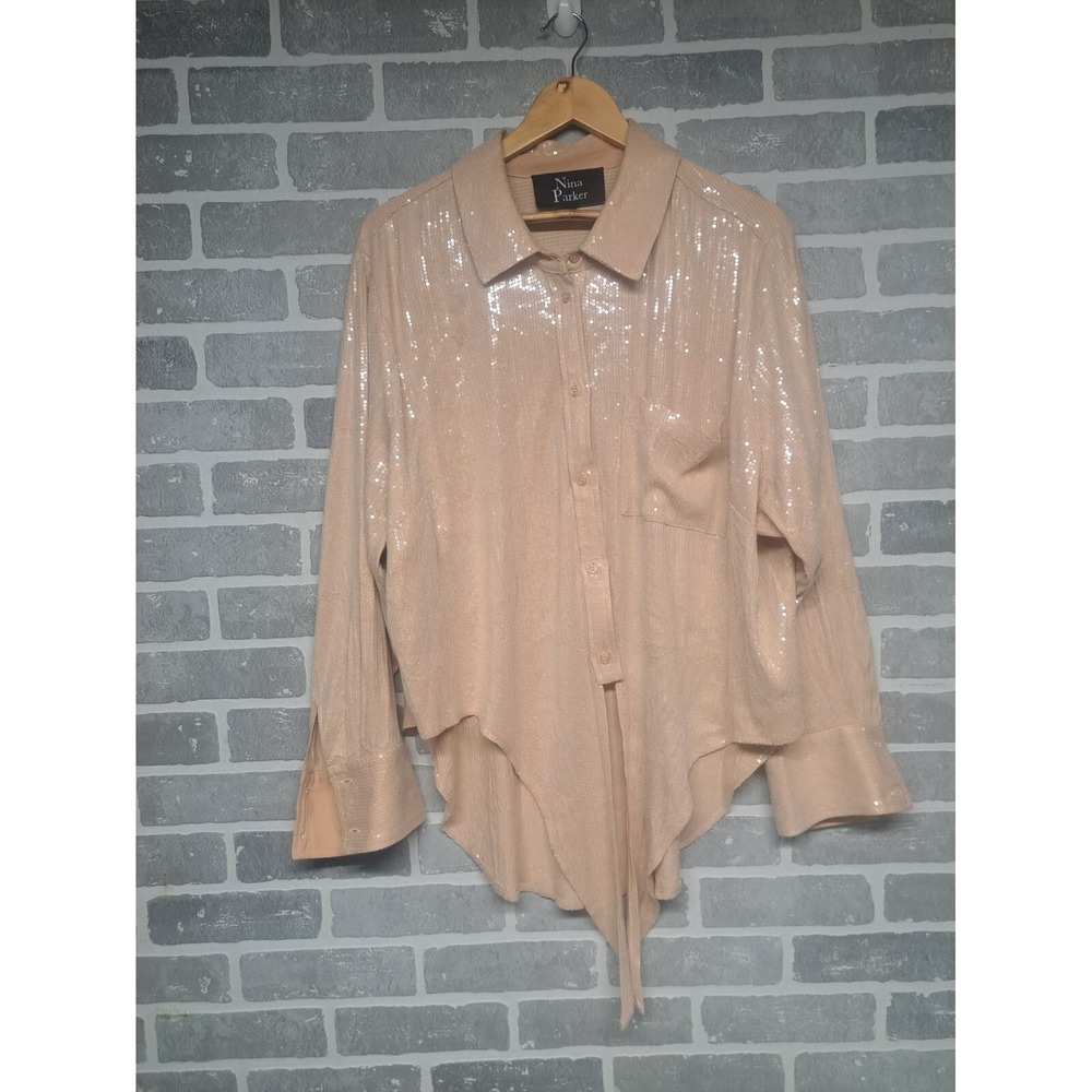 Nina Parker Gold Rose Sequin Tie Front‎ Long Sleeve Blouse Shirt Size  3X